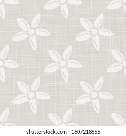 Gray french linen texture background printed with white daisy bloom. Natural ecru summer country style seamless pattern. Organic yarn close up woven leaf wallpaper, vintage homespun textile decor.