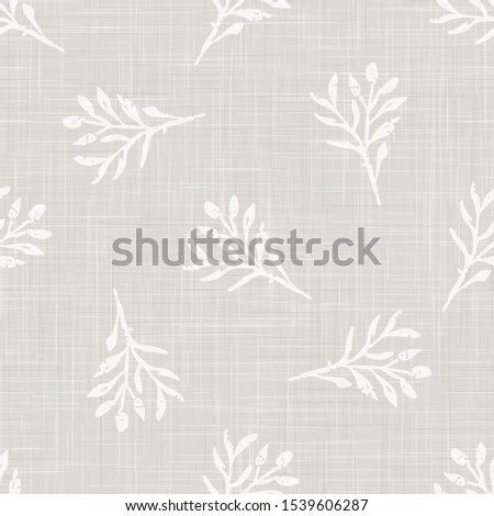 Gray French Linen Texture Background printed with White Winter Leaves. Natural Unbleached Ecru Flax Fibre Seamless Pattern. Organic Close Up Weave Fabric for Wallpaper,Festive Packaging, Vector EPS10
