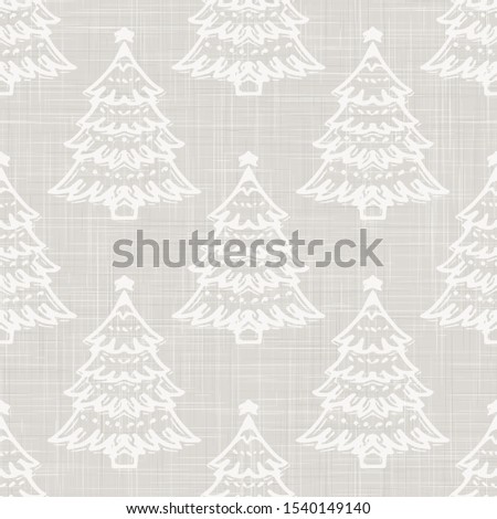 Gray French Linen Texture Background printed with White Winter Fir Tree. Natural Unbleached Ecru Fibre Christmas Seamless Pattern. Close Up Weave Fabric for Festive Snowy Packaging, Vector EPS10