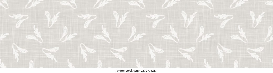 Gray French Linen Texture Banner Background printed with White Winter Leaves. Natural Unbleached Ecru Flax Fibre Seamless Pattern. Organic Close Up Weave Fabric Border. Vector EPS 10
