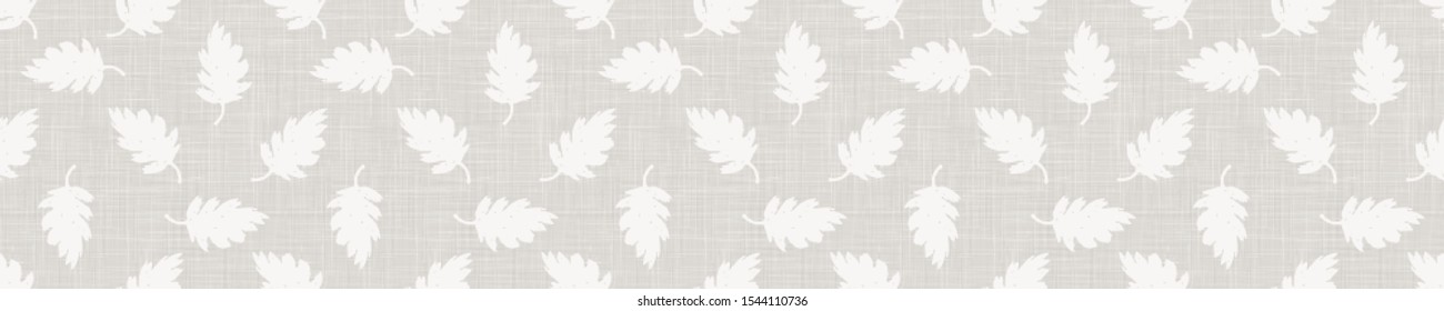 Gray French Linen Texture Border Background printed with White Falling Leaves. Natural Unbleached Ecru Flax Fibre Seamless Pattern. Organic Close Up Weave Fabric Banner. Cloth Packaging, Vector EPS10
