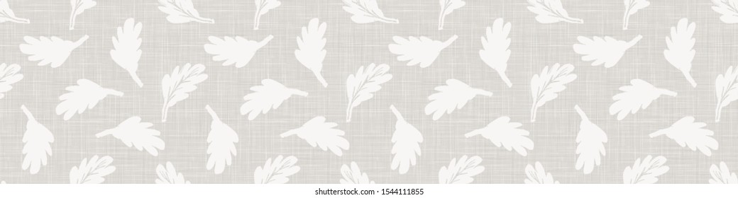 Gray French Linen Texture Border Background printed with White Falling Leaves. Natural Unbleached Ecru Flax Fibre Seamless Pattern. Organic Close Up Weave Fabric Banner. Cloth Packaging, Vector EPS10