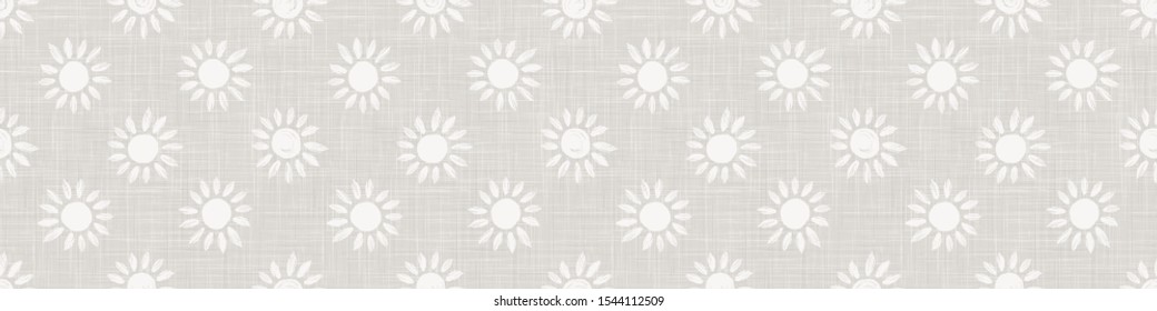 Gray French Linen Texture Border Background printed with White Daisy Flower. Natural Ecru Flax Fibre Seamless Pattern. Organic Yarn Close Up Weave Fabric Banner Trim. Cloth Packaging. Vector EPS10
