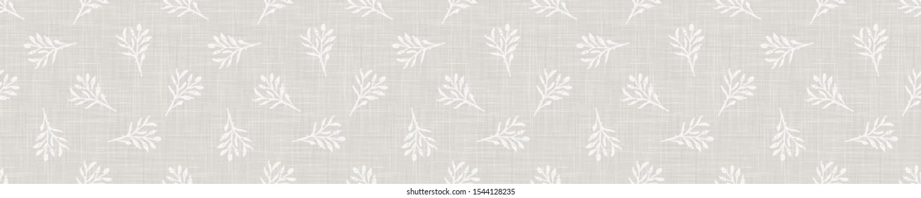 Gray French Linen Texture Border Background printed with White Winter Leaves. Natural Unbleached Ecru Flax Fibre Seamless Pattern. Organic Close Up Weave Fabric Banner. Cloth Packaging, Vector EPS10