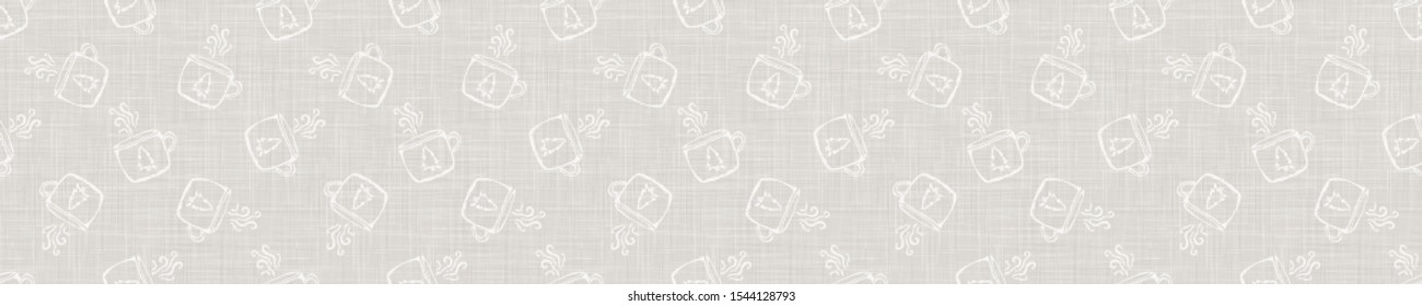 Gray French Linen Texture Border Background Hot Drink with Festive Mug. Natural Unbleached Ecru Fibre Christmas Seamless Pattern. Organic Close Up Weave Fabric Banner Festive Packaging, Vector EPS10
