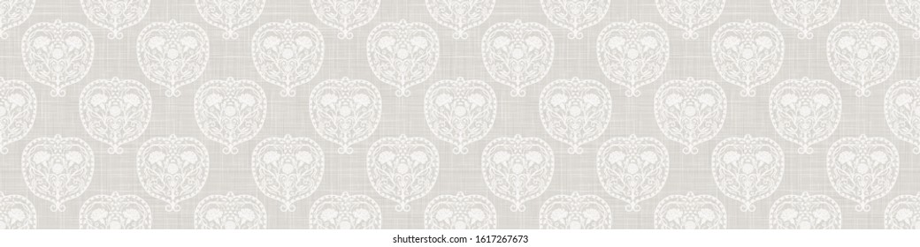 Gray french linen texture border background printed with white heart flourish. Natural ecru summer country style seamless ribbon edge pattern. Ornamental woven carnation medallion. Chic wedding trim.
