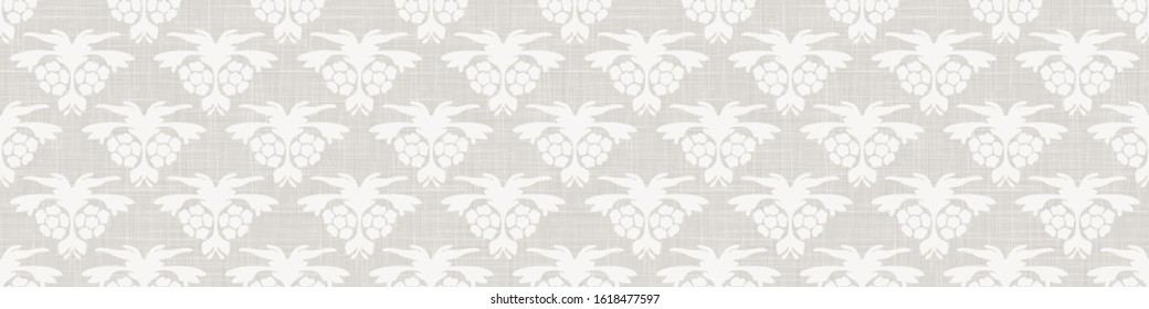 Gray french linen texture border background printed with white paisley flourish. Natural ecru summer country style seamless ribbon edge pattern. Ornamental woven floral medallion. Chic wedding trim