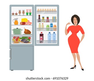 Gray fridge with open doors, a full of food. Next to the refrigerator is a woman in a red dress and points at him with her hand. Vector flat illustration.