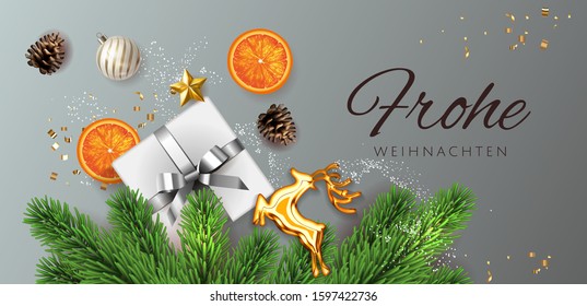 Gray Frohe Weihnachten translate Merry Christmas Holiday horizontal poster illustration with realistic vector 3d gift under the Christmas tree top view, golden deer, and Christmas elements. Vector