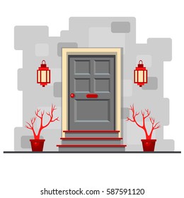 Gray front door on the brick wall with two pots with red plants and lights. Vector building element. Cartoon house illustration. Japanese style.