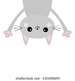Gray funny cat Head silhouette hanging upside down. Eyes, hands. Baby kitten. Cute cartoon character Baby collection. Kawaii pet animal. Flat design White background. Vector illustration