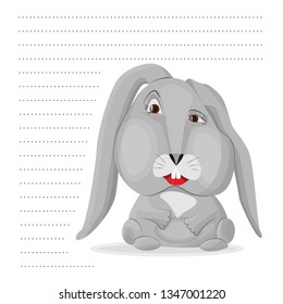 Gray funny hare on the background of empty lines. The rabbit looks at what you write here. Page design for notebook or notepad with notes.