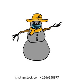 Gray funny snowman in a blue protective mask on his face and a pirate golden hat. Cartoon character isolated on white background. Vector illustration.