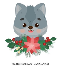 Gray funny wolf cub with a garland of fir branches, mistletoe, holly and a flower. Vector illustration for poster, greeting card and design for kids.