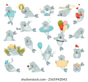 Gray Fur Seal Funny Animal with Fin Vector Set