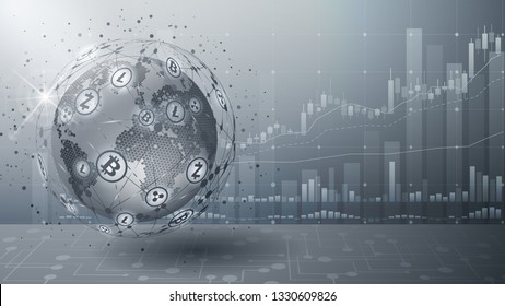 Gray futuristic background. Exchange cryptocurrency and their quotes. Blockchain technology. Hologram with a globe of the world. Bitcoin and blockchain. Electronic cryptocurrency and modern technology