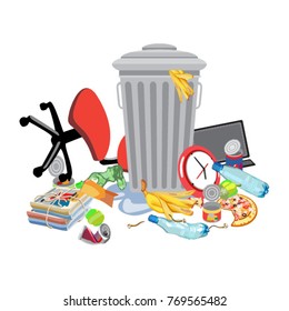 Gray garbage can with food waste and other trash. Vector illustration