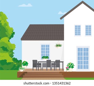Gray garden furniture on a wooden terrace with flowers. Vector flat illustration.