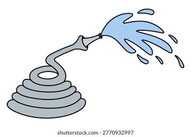 A gray garden hose for watering a vegetable garden. Blue water flows from the spout and splashes. A coiled hose. Color vector illustration. Isolated on white background. Cartoon style. Idea for web design.