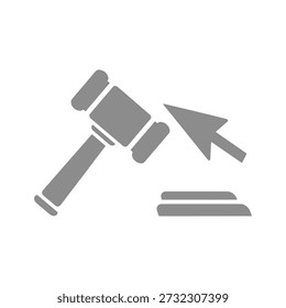 Gray gavel and arrow pointing to a book, symbolizing legal judgment or decision.