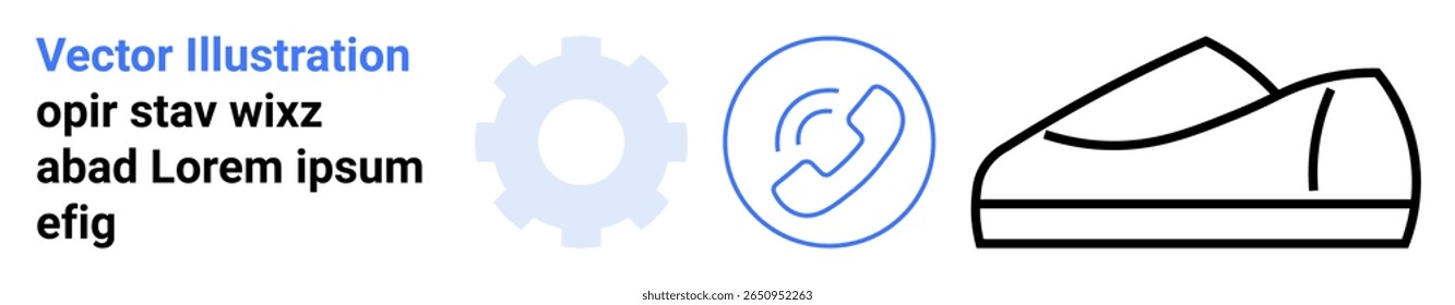 Gray gear, blue phone handset inside a circle, and a black outline of a shoe. Ideal for tech, communication, fashion, minimalism, simplicity, vector graphics, landing page