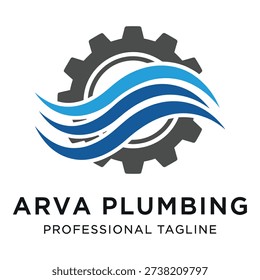 Gray gear with blue wave logo for plumbing services company icon