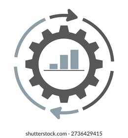Gray gear icon with bar chart and arrows on white background icon