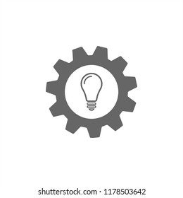 Gray gear icon with light bulb inside on white background. Flat vector icon for business.