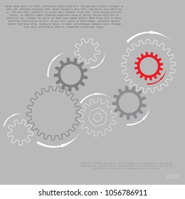Gray gear wheels with red gear symbolizing idea or solution. Infographic vector template.