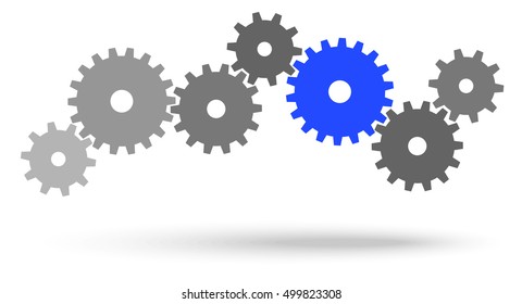 gray gears for cooperation or teamwork symbolism with blue leader