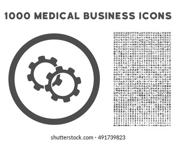 Gray Gears vector rounded icon. Image style is a flat icon symbol inside a circle, white background. Bonus set has 1000 medicine business pictographs.