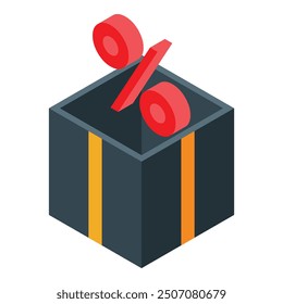 Gray gift box with yellow stripes is revealing a big red percentage symbol