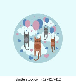 Gray and ginger cats are flying across the sky with balloons. Lovely animals. Vector image. Suitable for postcards, decoration, digital marketing.