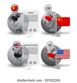 Gray Globes With Designation Of China And United States Location, With Map Markers And State Table Flags. Vector Illustration