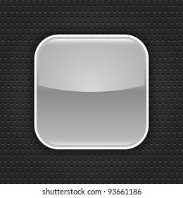 Gray glossy blank web button with white border frame. Rounded square shape icon with black shadow.  Dark gray background metal perforation texture. This vector illustration saved in 10 eps