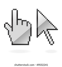Gray glossy cursor and hand with shadow on white