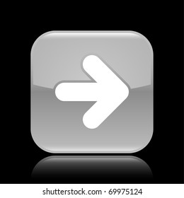 Gray glossy web 2.0 button with arrow sign. Rounded square shape with reflection on black background