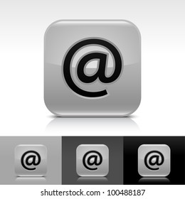 Gray glossy web button with black at sign. Rounded square shape icon with shadow and reflection on white, gray, and black background. Vector 8 eps.
