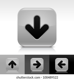 Gray glossy web button with black arrow download sign. Rounded square shape icon with shadow, reflection on white, gray, black background. Vector 8 eps.
