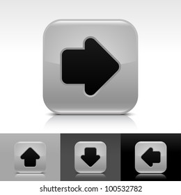 Gray glossy web button with black arrow sign. Rounded square shape icon with shadow and reflection on white, gray, and black background. Vector 8 eps.