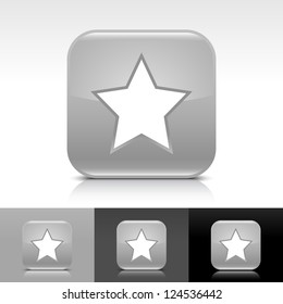 Gray glossy web button with white star sign. Rounded square shape icon with reflection, shadow on white, gray, black backgrounds. Vector illustration web design elements in 8 eps