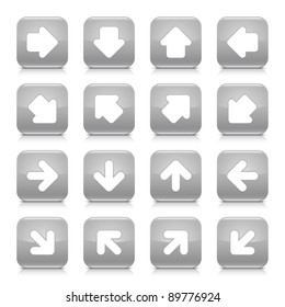 Gray glossy web button with white arrow sign. Rounded square shape internet icon with shadow and reflection on white background. This vector illustration saved in 8 eps