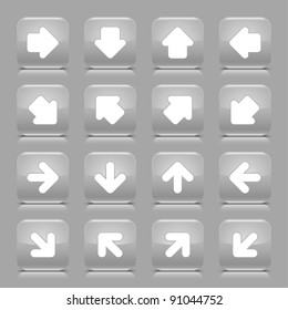 Gray glossy web button with white arrow sign. Rounded square shape internet icon with shadow and reflection on light gray background. This vector illustration created and saved in 8 eps