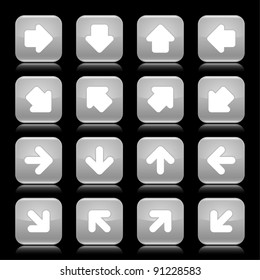 Gray glossy web button with white arrow sign. Rounded square shape internet icon with reflection on black background. This vector illustration saved in 8 eps