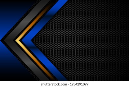 Gray, gold and blue arrow directions with black hexagonal mesh background. Modern future technology vector background