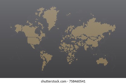 Gray and Gold Map of the World. Abstract World Map, Shaded in Lines. Scheme of the World. Vector illustration.