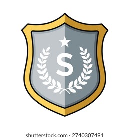 A gray and gold shield with a white star and laurel wreath