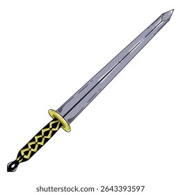 Gray and gold sword with a detailed handle lies diagonally against a transparent background in a stylized, cartoon style, suitable for fantasy or historical projects.