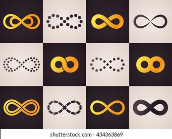 Gray and golden infinity symbol icon set. Different forms. Vector illustration.