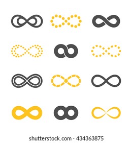 Gray and golden infinity symbols icon silhouettes set. Different forms. Isolated on a white background. Vector illustration.
